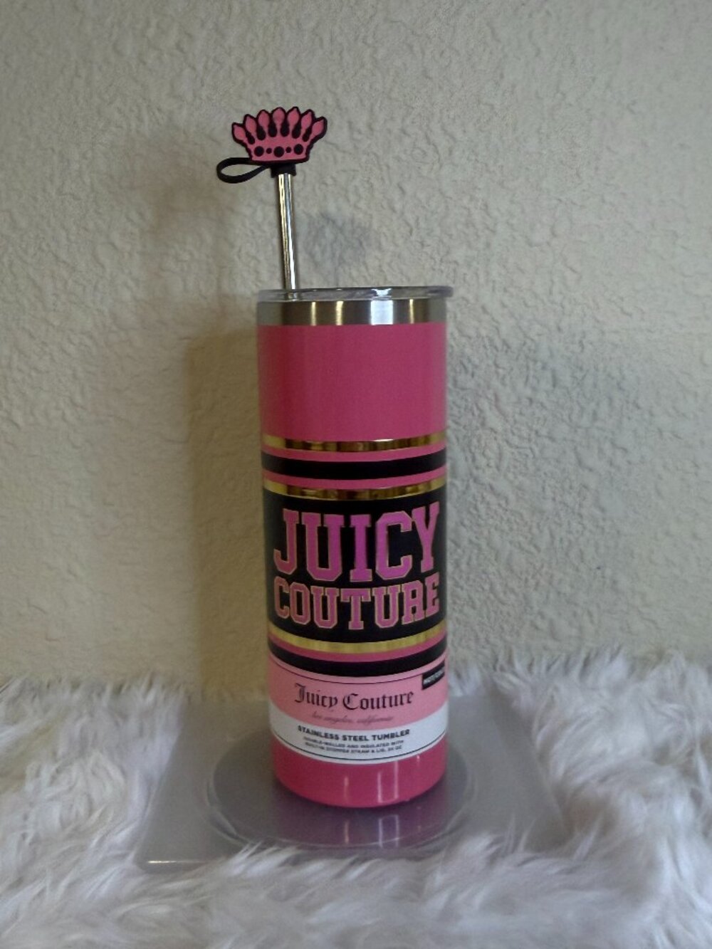 Juicy Couture Pink Varsity Logo Stainless Steel Tumbler 24oz Crown Straw NWT